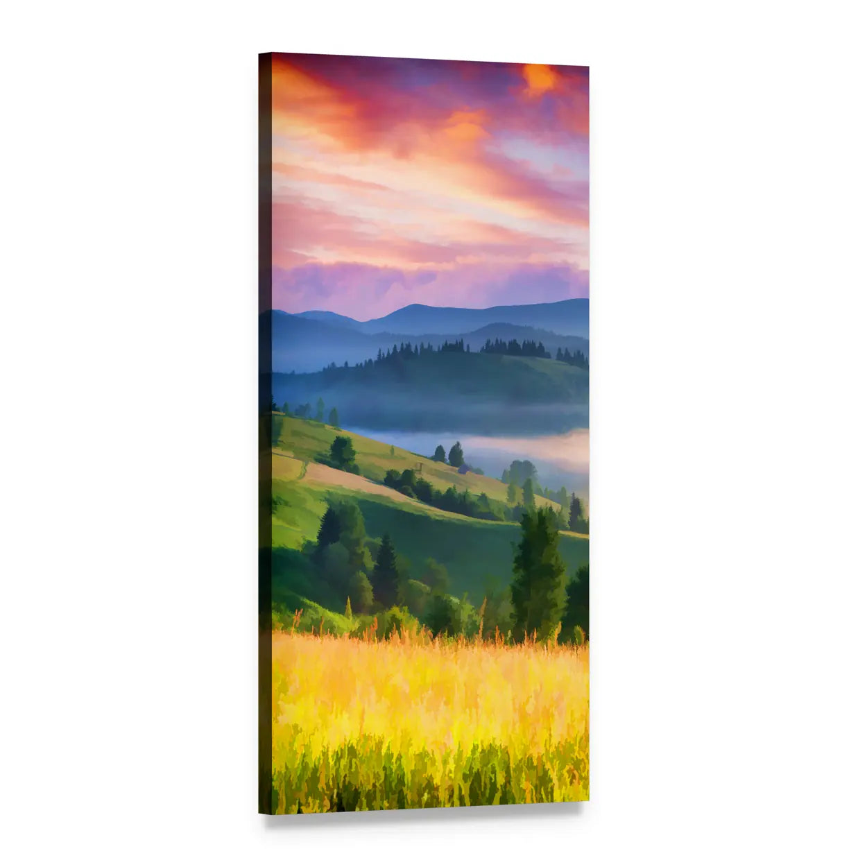 Summer Sunrise in the Mountains Vertical Canvas Wall Art, 1 panel 1 Vertical layout gallery wrapped canvas set, angled product view