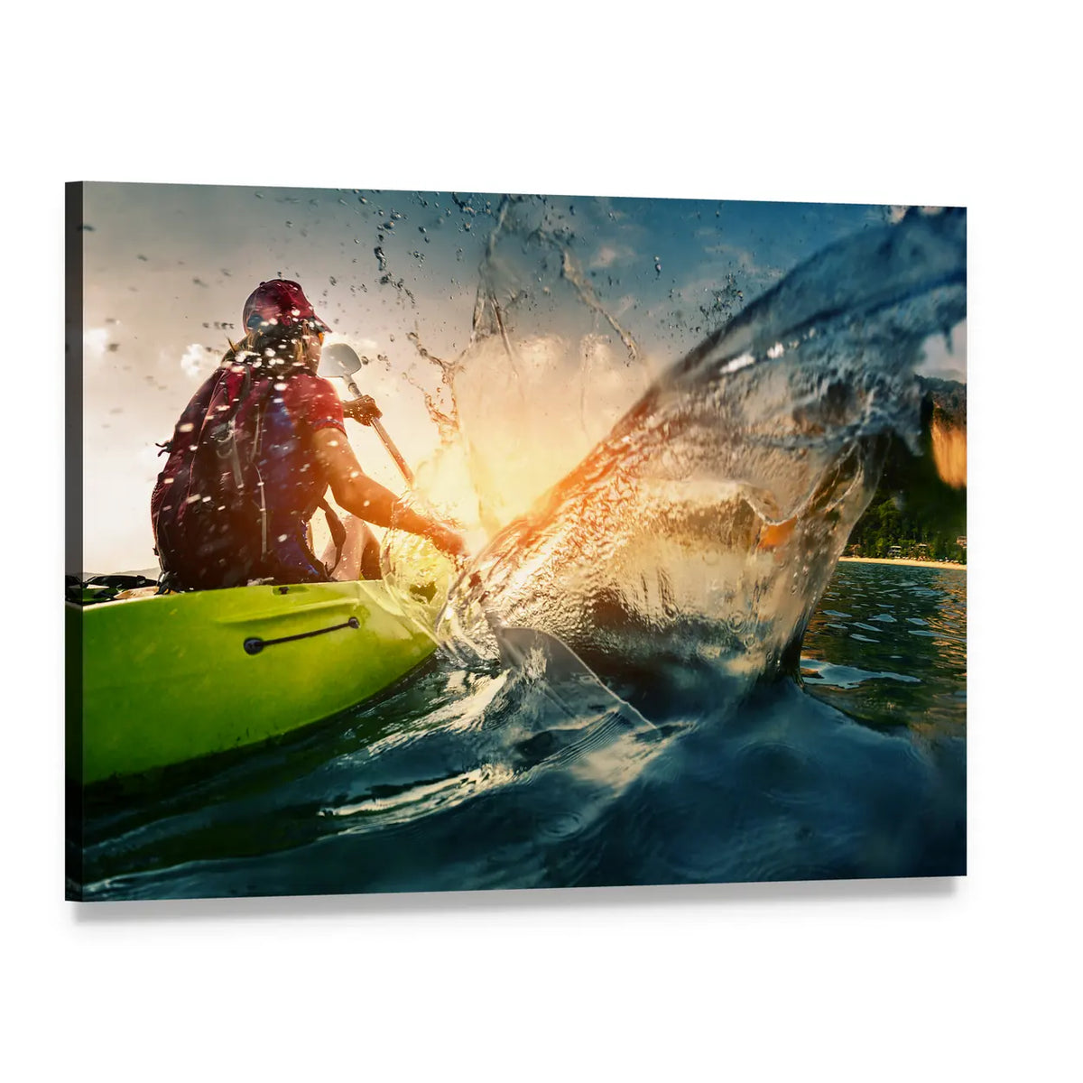 Young Kayaker Paddling in Sunlight Canvas Wall Art, single panel gallery wrapped canvas, angled product view