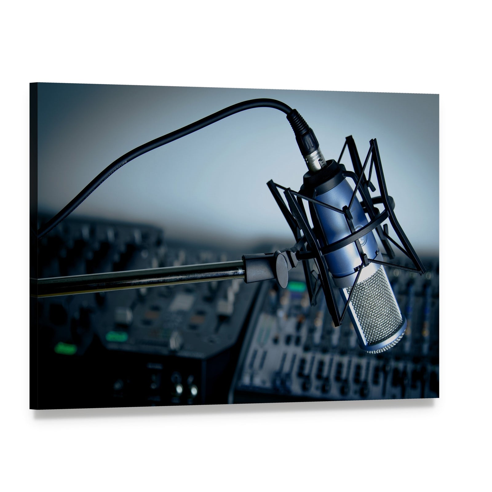 Blue Condenser Microphone in Studio Canvas Wall Art, single panel gallery wrapped canvas, angled product view