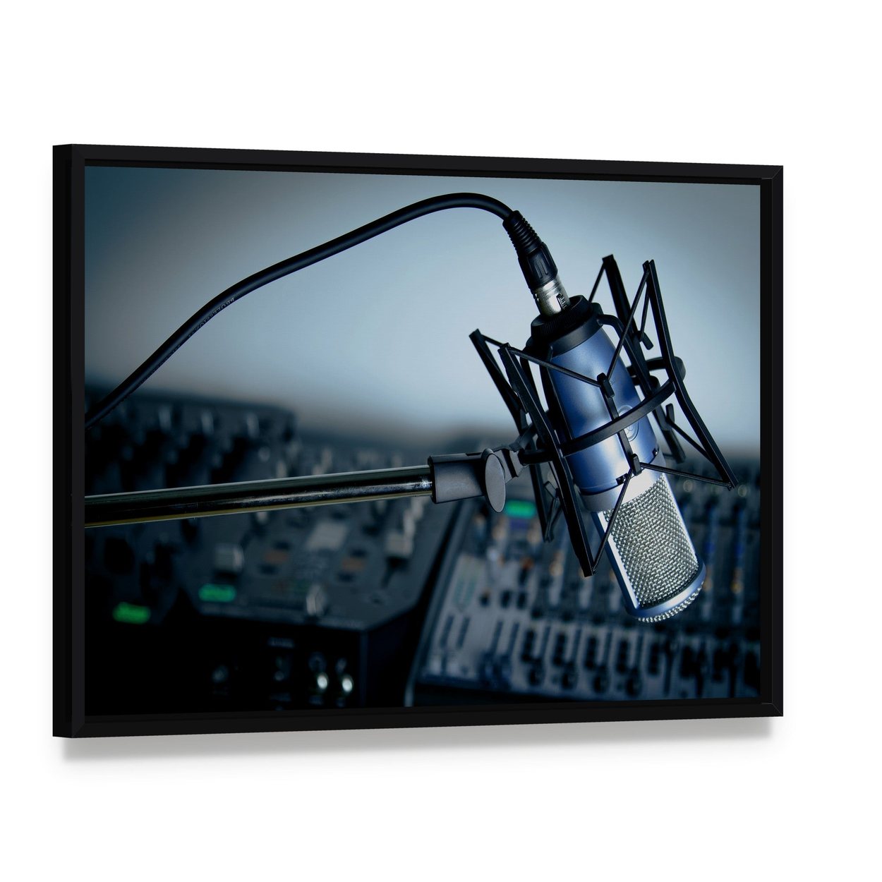 Blue Condenser Microphone in Studio Canvas Wall Art, framed canvas in a black floater frame, angled product view