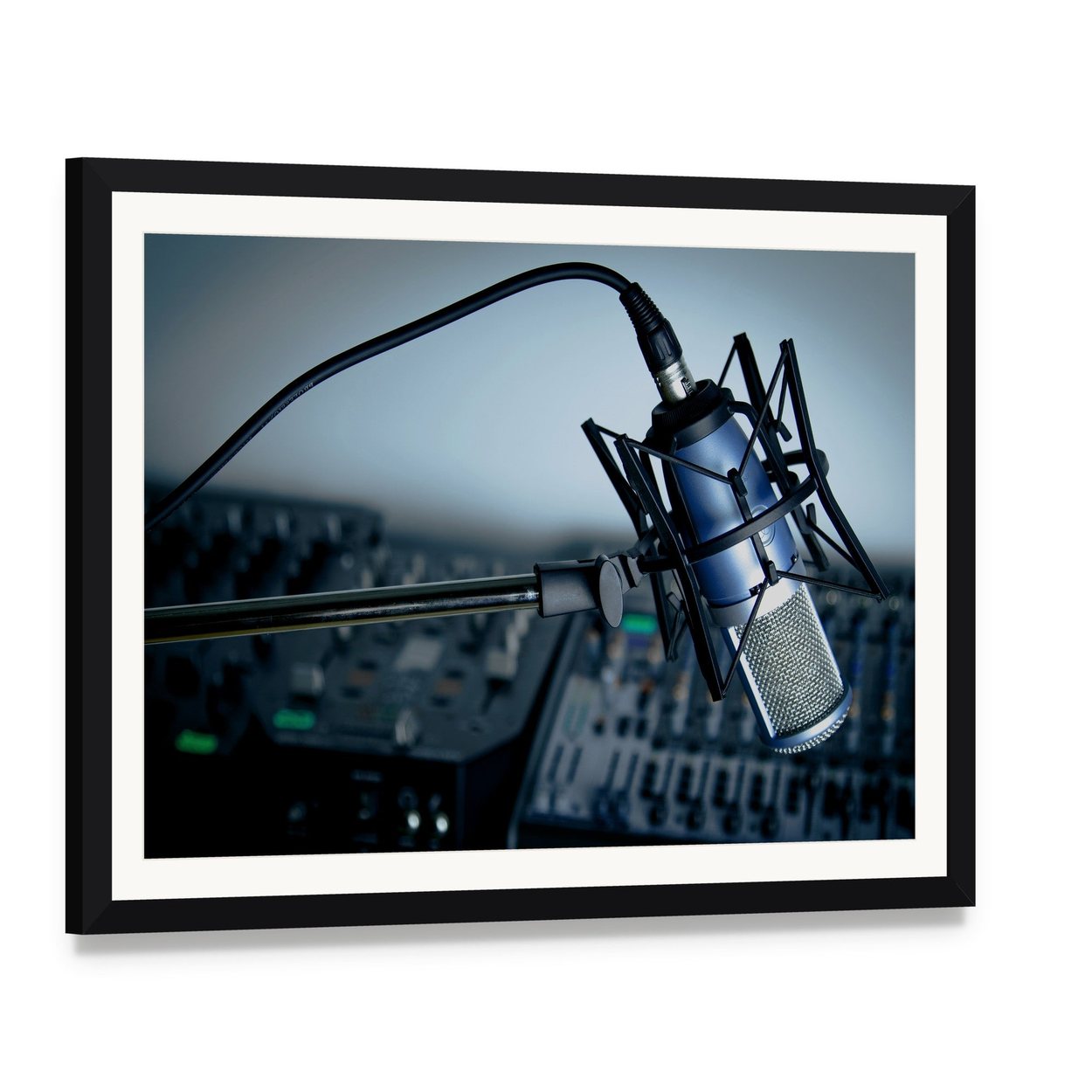 Blue Condenser Microphone in Studio Canvas Wall Art, framed print with white mat and black frame, angled product view