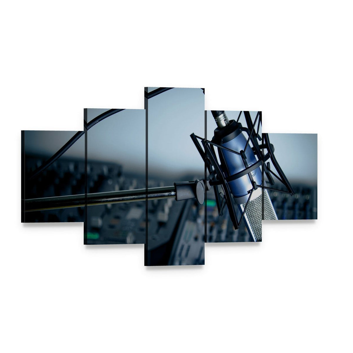 Blue Condenser Microphone in Studio Canvas Wall Art, 5 panel 5 Star layout gallery wrapped canvas set, angled product view