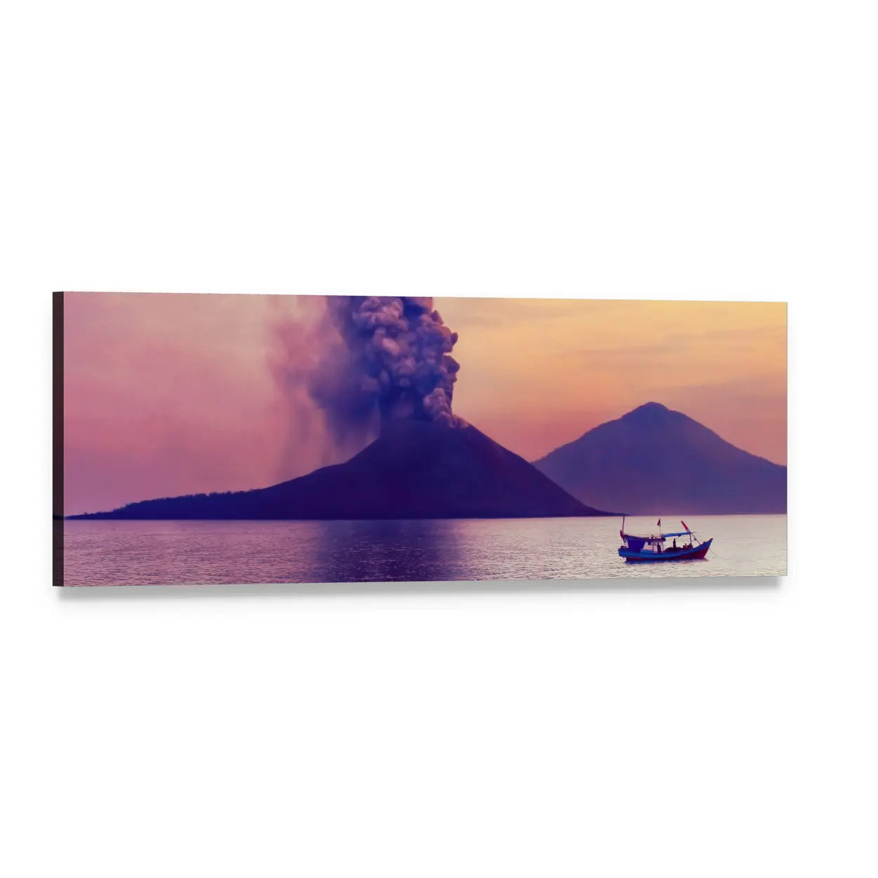 Erupting Volcano Over Calm Water Panoramic Canvas Wall Art, single panel gallery wrapped canvas, angled product view