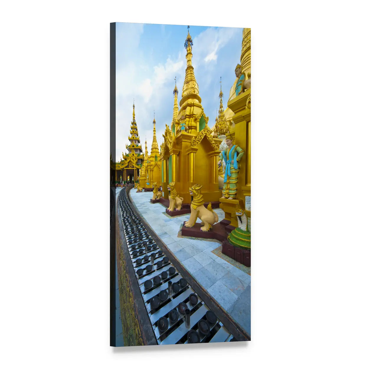 Golden Buddhist Pagodas of Myanmar Vertical Canvas Wall Art, 1 panel 1 Vertical layout gallery wrapped canvas set, angled product view