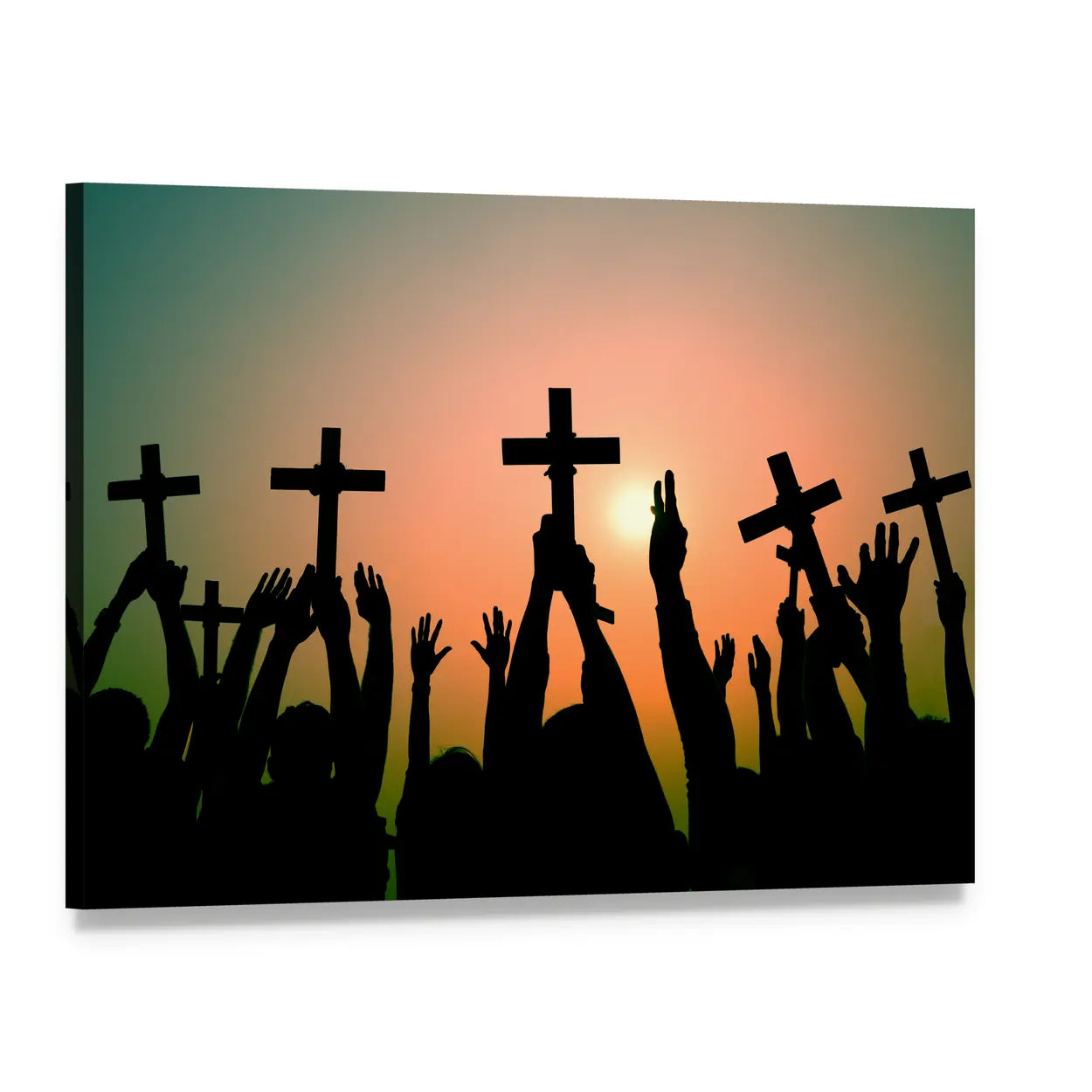 Hands Raised Before Crosses at Sunset Canvas Wall Art, single panel gallery wrapped canvas, angled product view