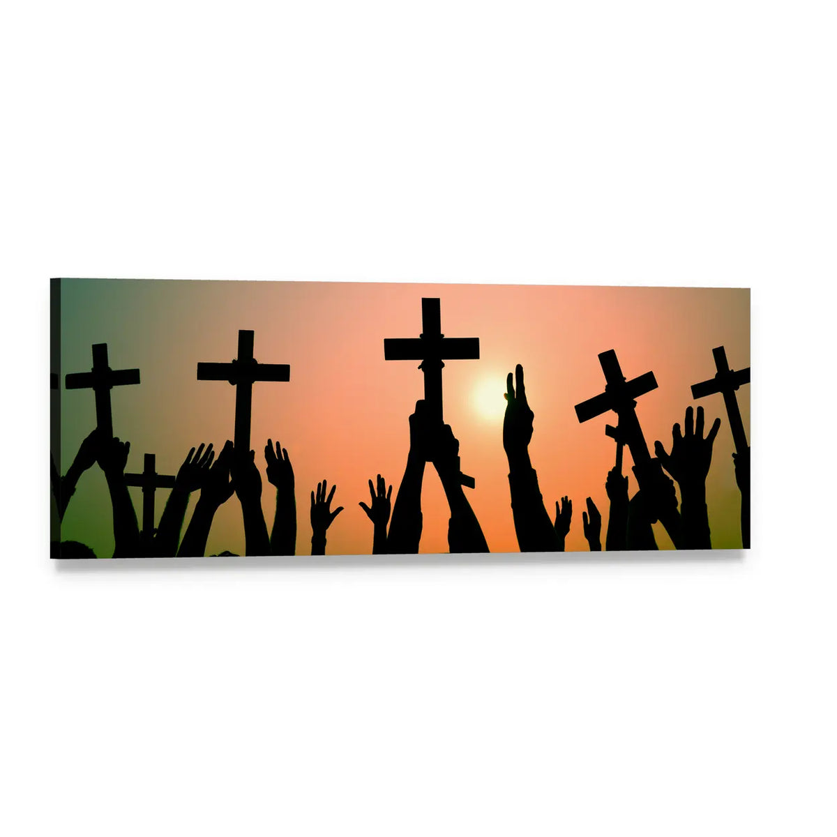 Hands Holding Crosses at Sunset Panoramic Canvas Wall Art, single panel gallery wrapped canvas, angled product view