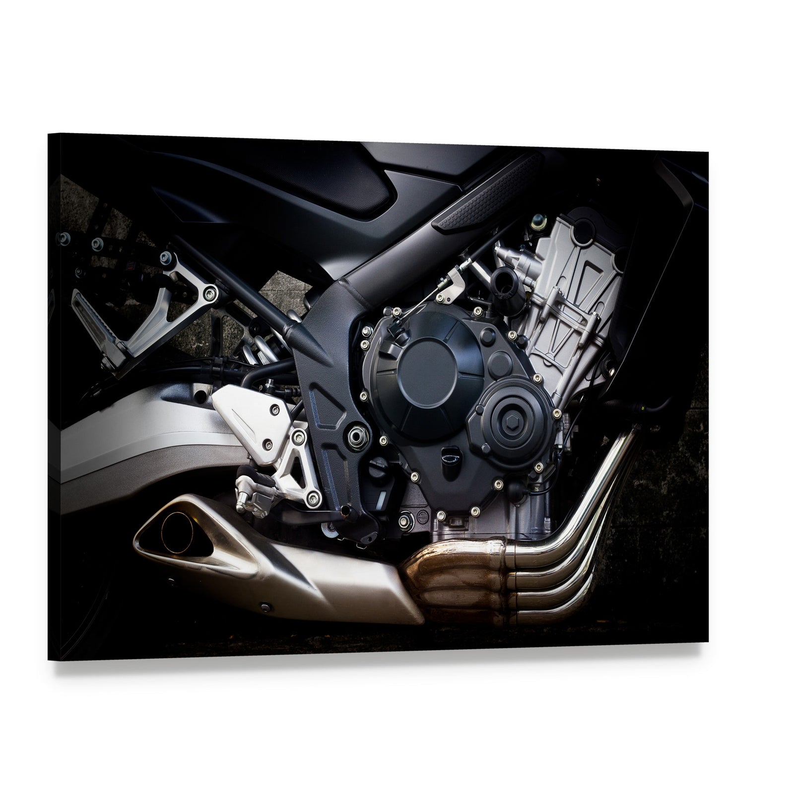 Motorcycle Engine Close Up Canvas Wall Art, single panel gallery wrapped canvas, angled product view