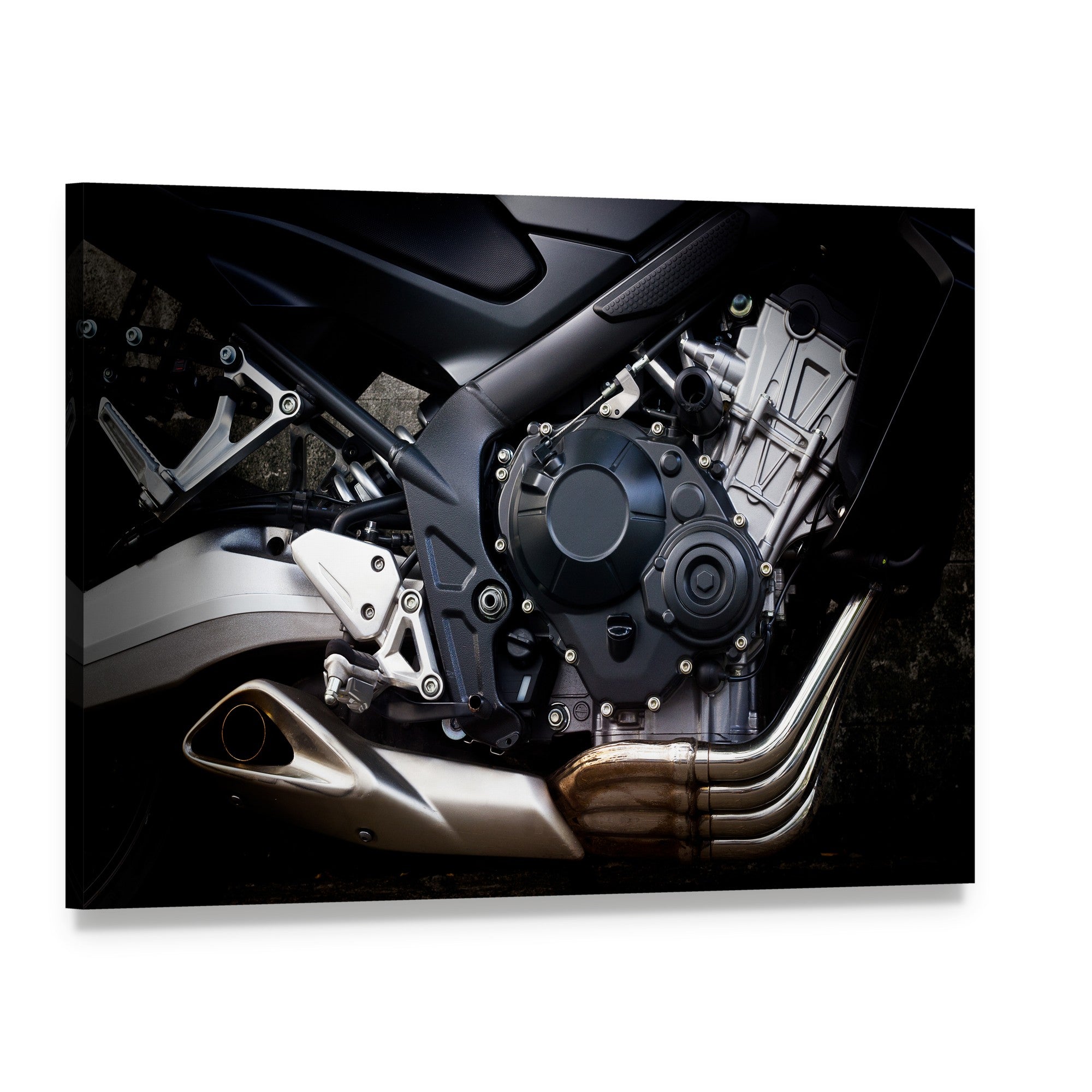 Motorcycle Engine Close Up Canvas Wall Art, single panel gallery wrapped canvas, angled product view
