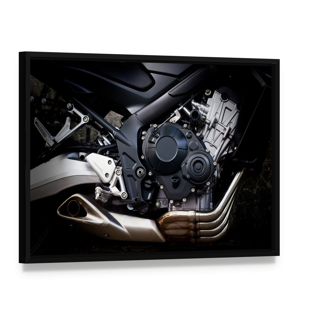 Motorcycle Engine Close Up Canvas Wall Art, framed canvas in a black floater frame, angled product view