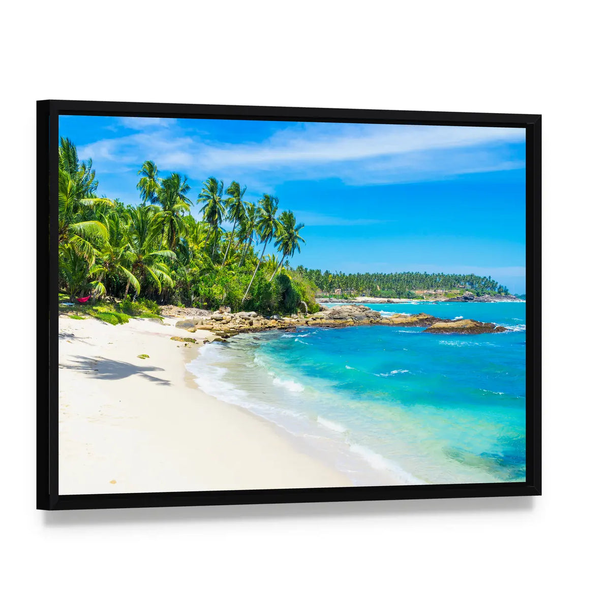 Tropical Beach In Sri Lanka Canvas Wall Art, framed canvas in a black floater frame, angled product view