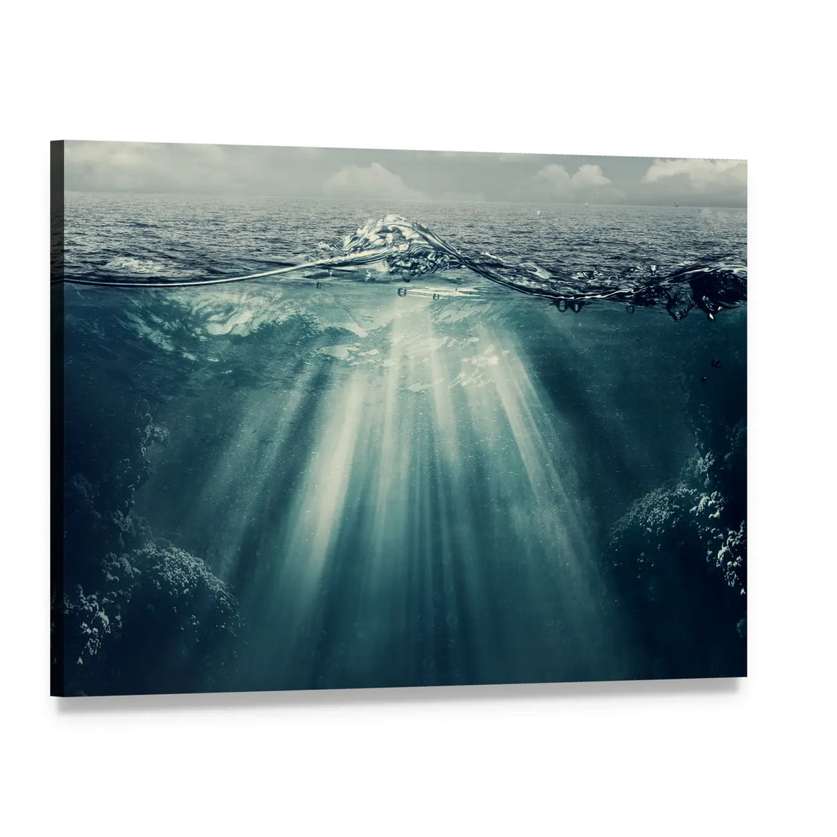 Split Perspective Underwater Ocean Landscape Canvas Wall Art, single panel gallery wrapped canvas, angled product view