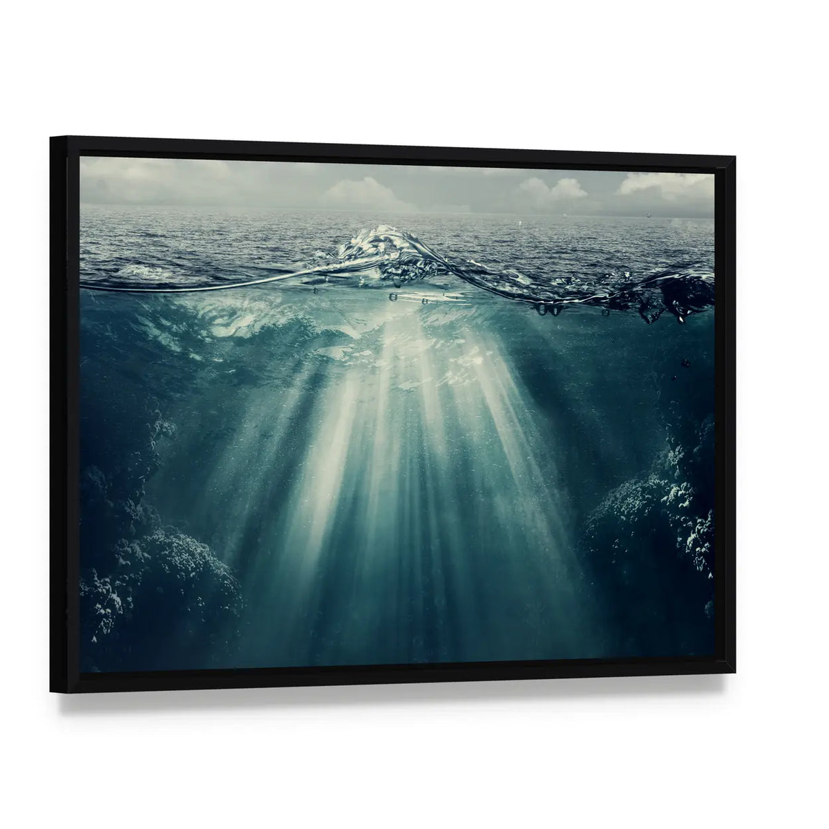 Split Perspective Underwater Ocean Landscape Canvas Wall Art, framed canvas in a black floater frame, angled product view