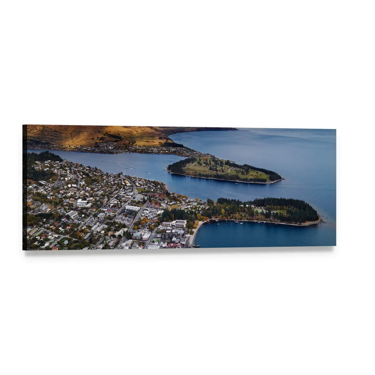 Aerial View of Queenstown and Lake Wakatipu Panoramic Canvas Wall Art, single panel gallery wrapped canvas, angled product view