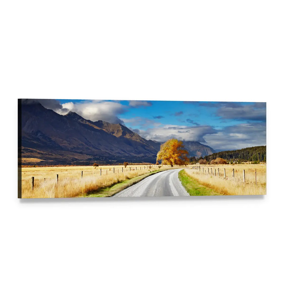 Mountain Road Under Clouds Panoramic Canvas Wall Art, single panel gallery wrapped canvas, angled product view