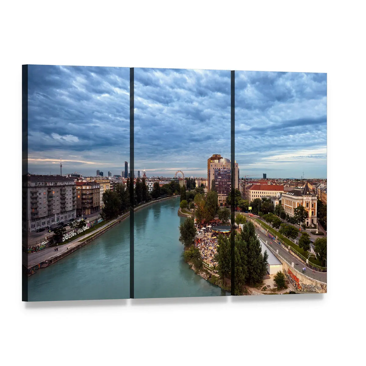 Herrmann Beach Cityscape with River Canvas Wall Art, 3 panel 3 Horizontal layout gallery wrapped canvas set, angled product view