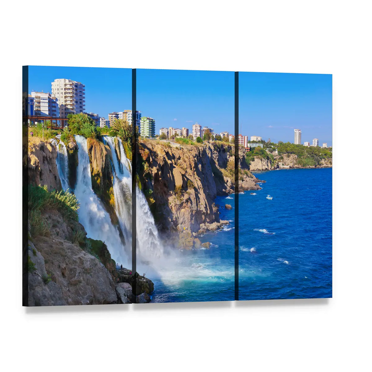Duden Waterfall in Antalya Canvas Wall Art, 3 panel 3 Horizontal layout gallery wrapped canvas set, angled product view