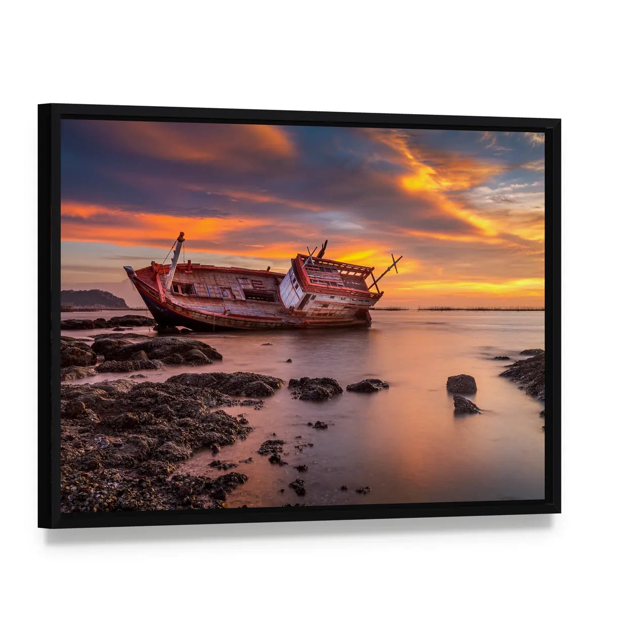 Fishing Boat Moored On Beach At Sunset Canvas Wall Art, framed canvas in a black floater frame, angled product view
