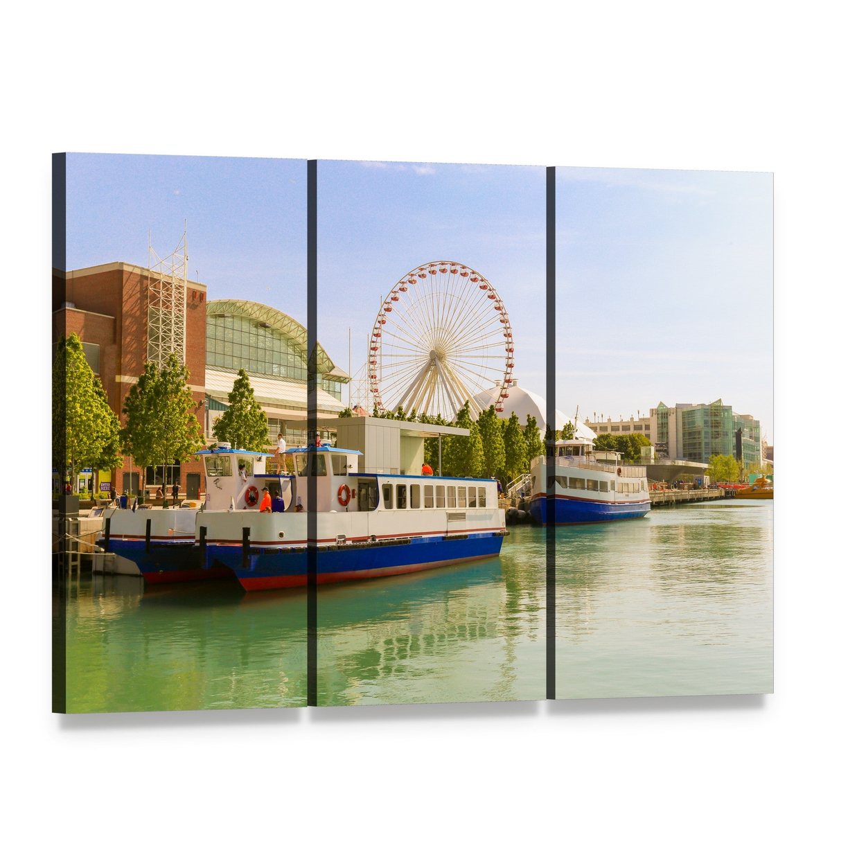 Navy Pier Ferris Wheel, Chicago Canvas Wall Art, 3 panel 3 Horizontal layout gallery wrapped canvas set, angled product view