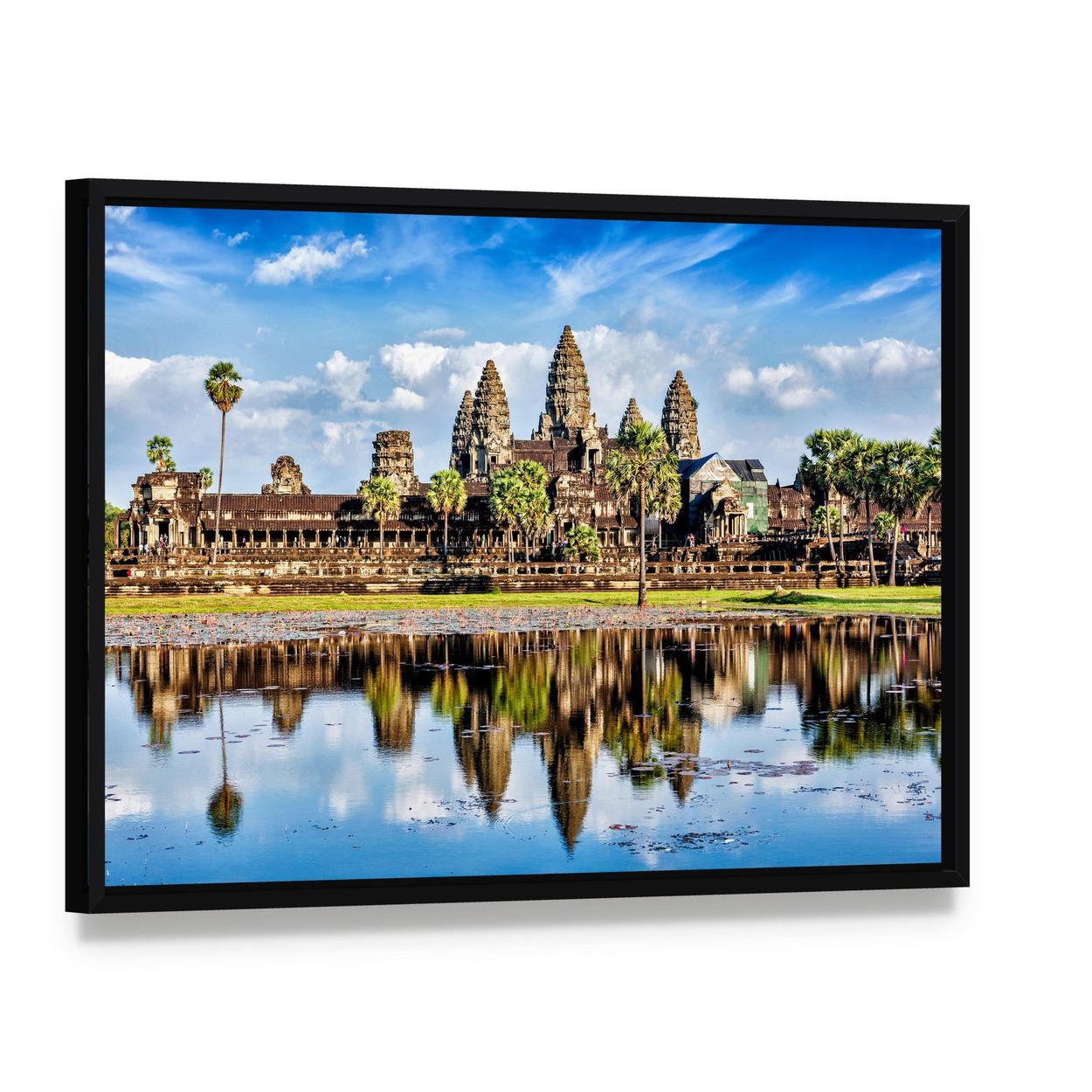 Angkor Wat Temple Reflection in Water Canvas Wall Art, framed canvas in a black floater frame, angled product view