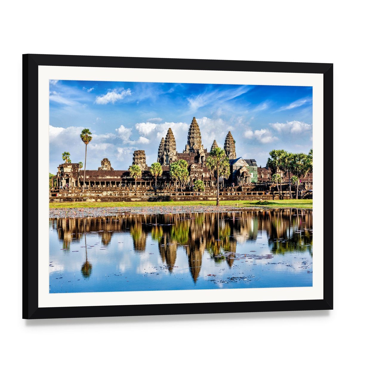 Angkor Wat Temple Reflection in Water Canvas Wall Art, framed print with white mat and black frame, angled product view