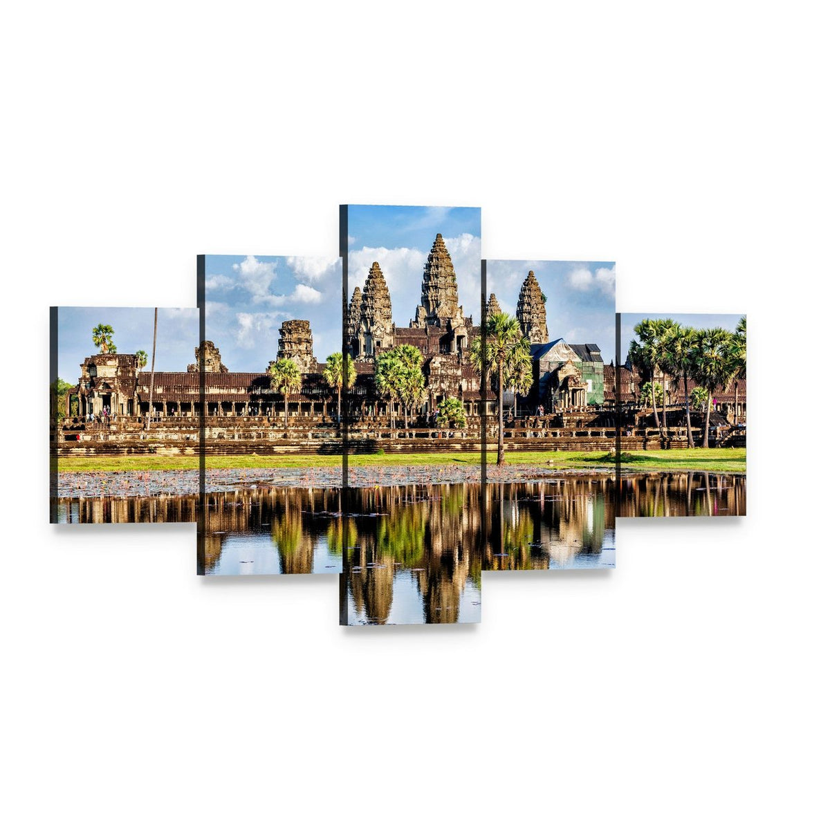 Angkor Wat Temple Reflection in Water Canvas Wall Art, 5 panel 5 Star layout gallery wrapped canvas set, angled product view