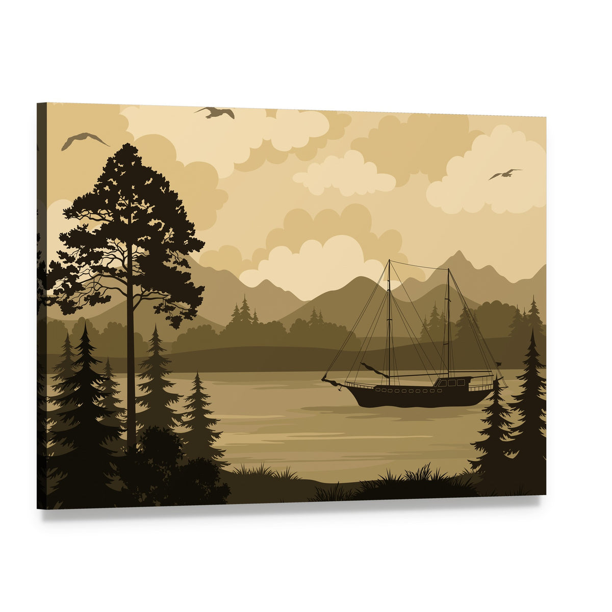 Sailboat on Mountain Lake Canvas Wall Art, single panel gallery wrapped canvas, angled product view