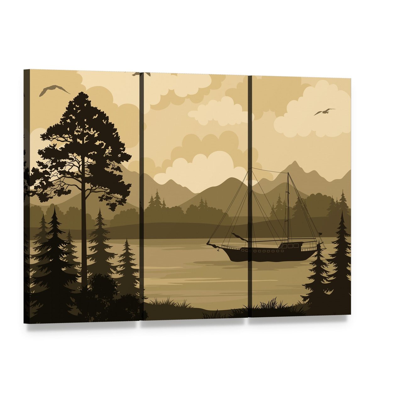 Sailboat on Mountain Lake Canvas Wall Art, 3 panel 3 Horizontal layout gallery wrapped canvas set, angled product view