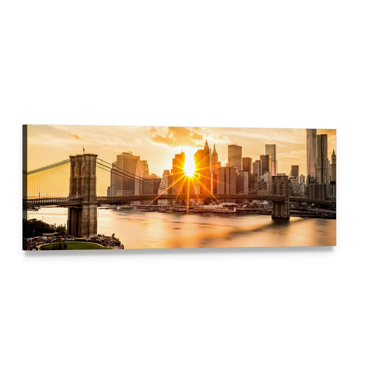 Brooklyn Bridge and Manhattan Skyline Panoramic Canvas Wall Art, single panel gallery wrapped canvas, angled product view