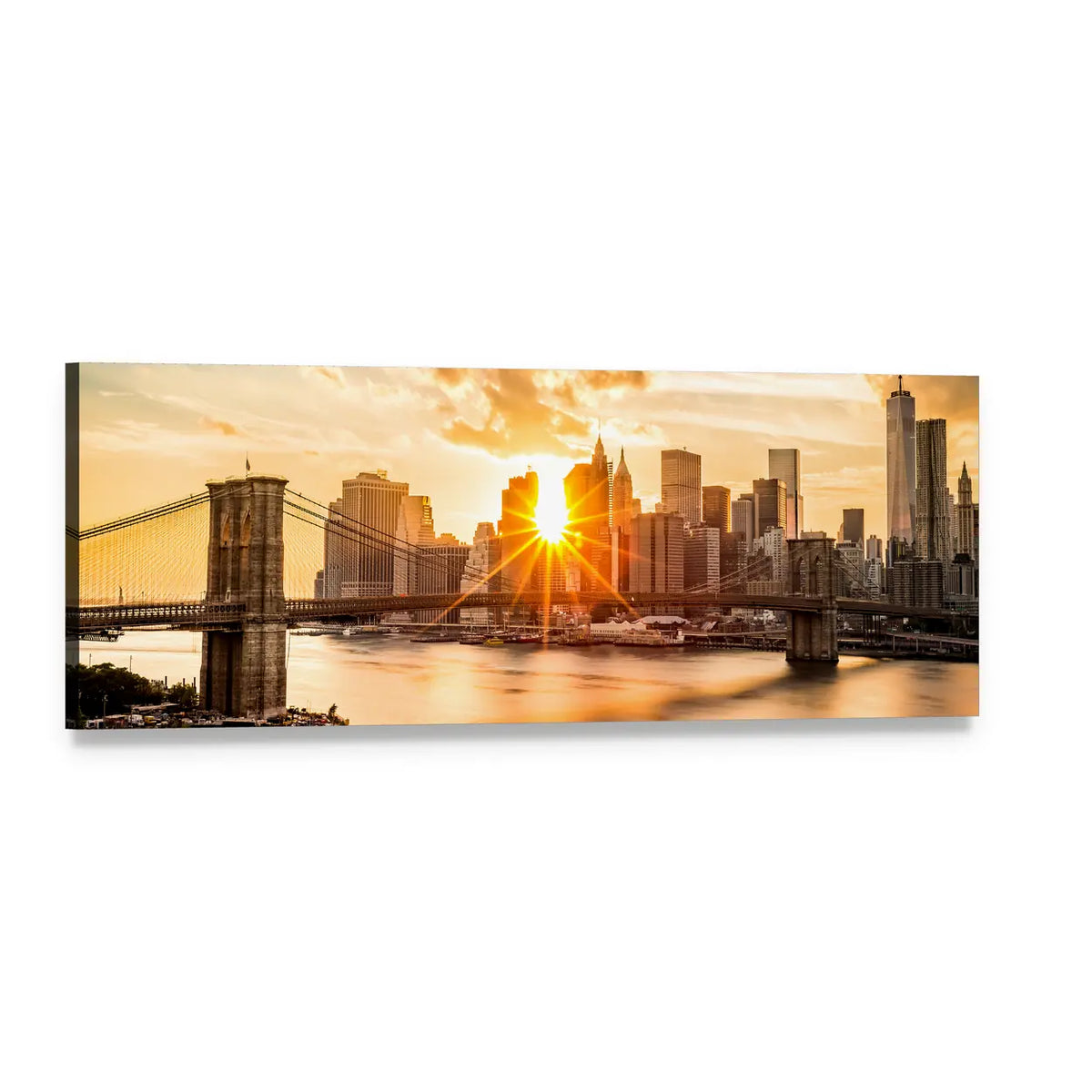 Brooklyn Bridge and Manhattan Skyline Panoramic Canvas Wall Art, single panel gallery wrapped canvas, angled product view