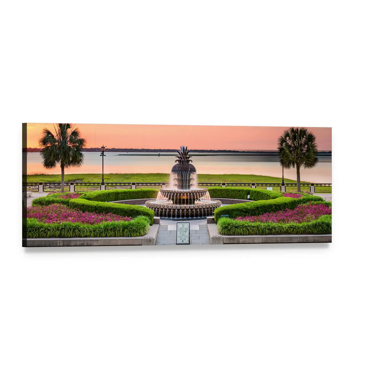Pineapple Fountain at Dusk Panoramic Canvas Wall Art, single panel gallery wrapped canvas, angled product view