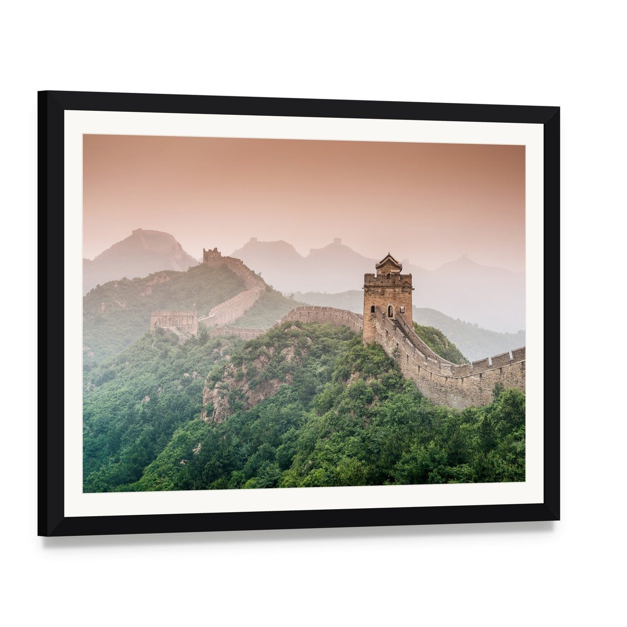 Great Wall of China at Jinshanling Canvas Wall Art, framed print with white mat and black frame, angled product view