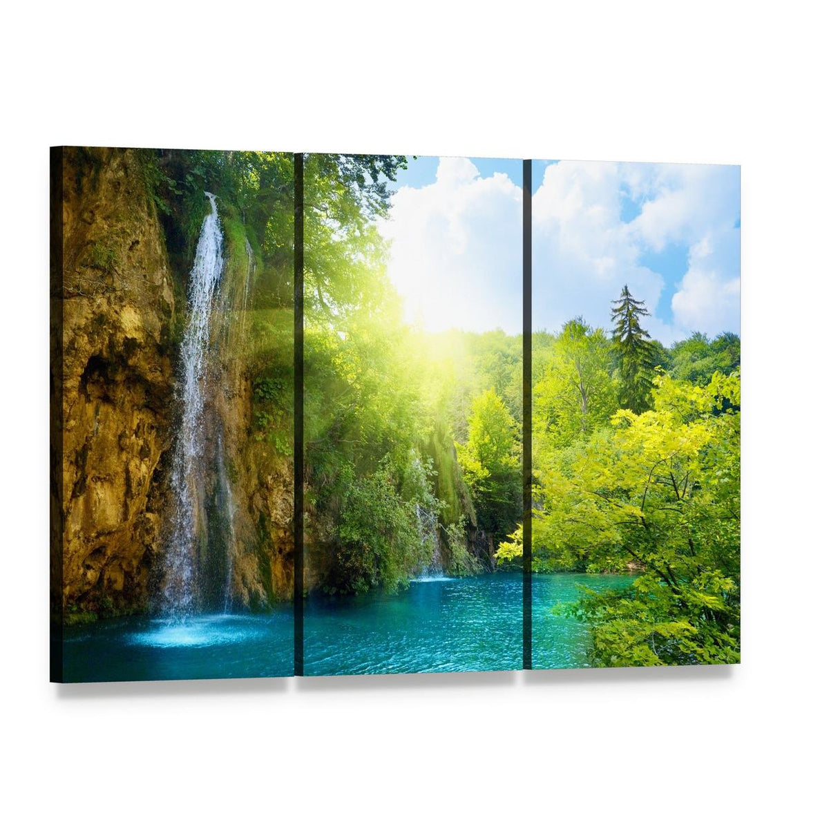 Waterfalls in Deep Forest Canvas Wall Art, 3 panel 3 Horizontal layout gallery wrapped canvas set, angled product view