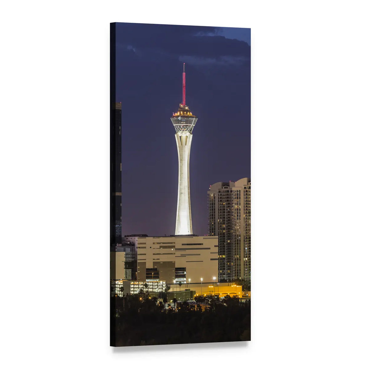 Las Vegas Skyline with the Strat Tower Vertical Canvas Wall Art, 1 panel 1 Vertical layout gallery wrapped canvas set, angled product view