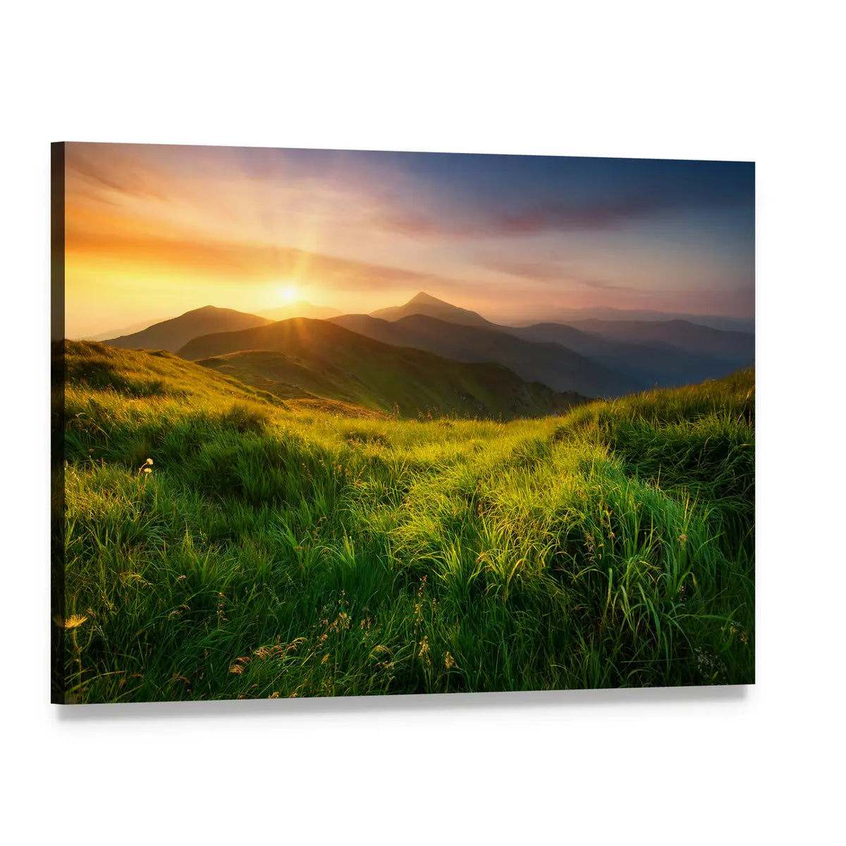 Mountain Valley at Sunrise Canvas Wall Art, single panel gallery wrapped canvas, angled product view