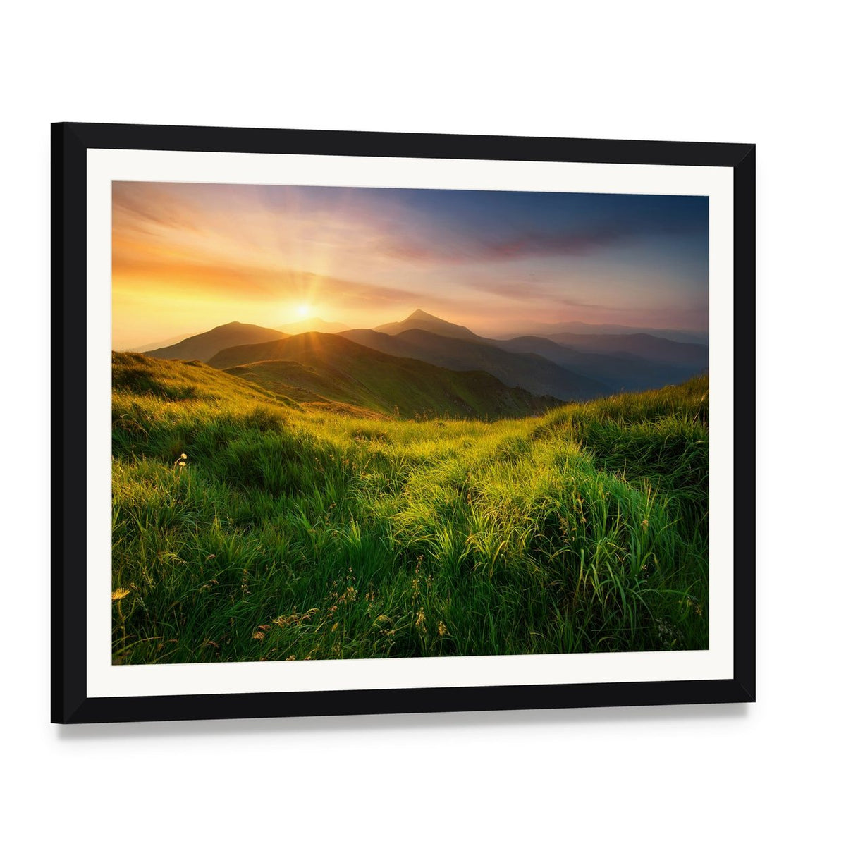 Mountain Valley During Sunrise Canvas Wall Art, framed print with white mat and black frame, angled product view