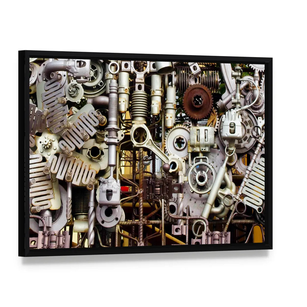 Assembled Metal Machine Parts Canvas Wall Art, framed canvas in a black floater frame, angled product view