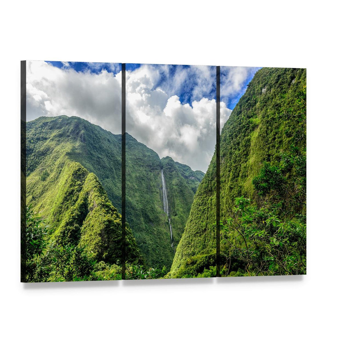 Cascade Blanche Waterfall Canvas Wall Art, 3 panel 3 Horizontal layout gallery wrapped canvas set, angled product view