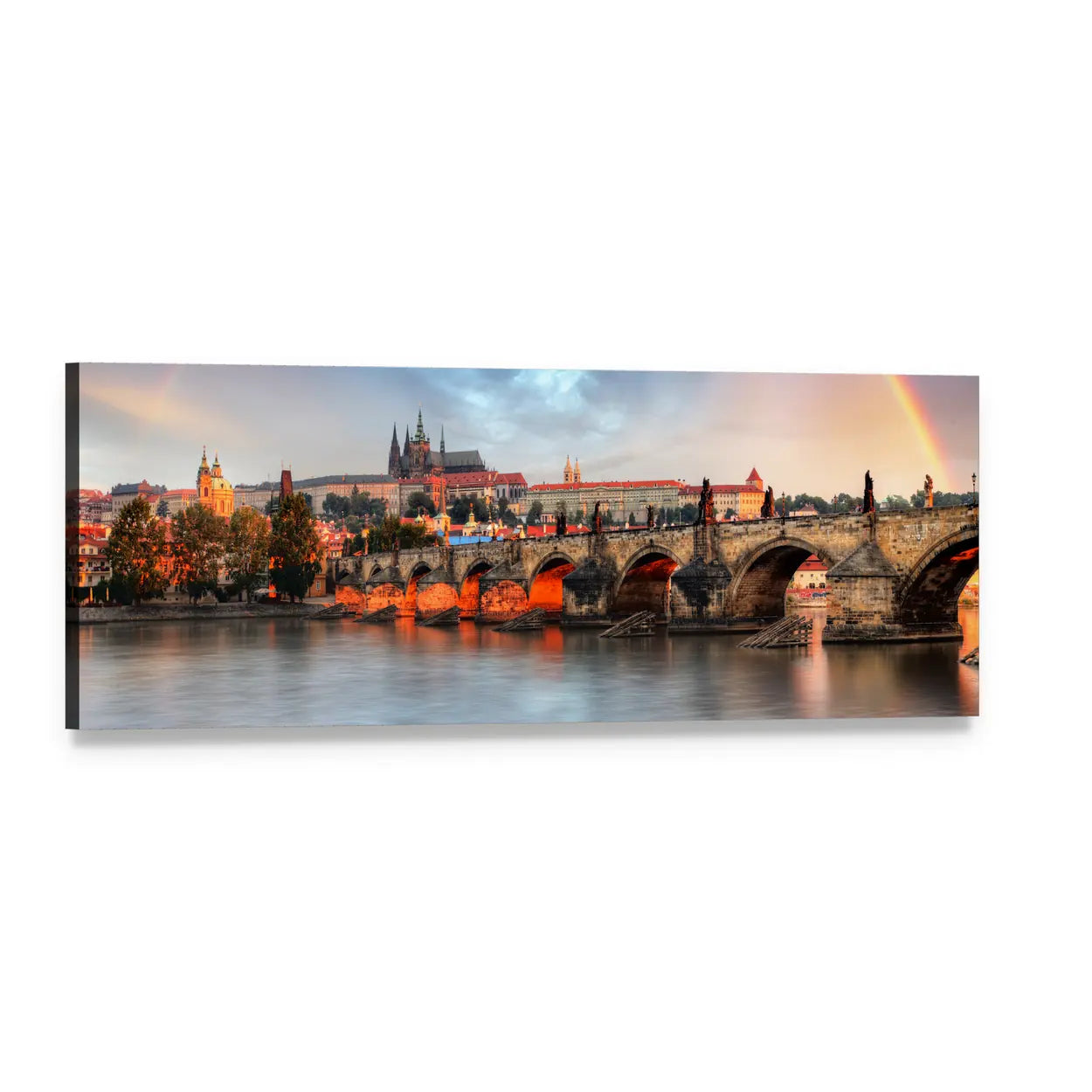 Prague Cityscape at Golden Hour Panoramic Canvas Wall Art, single panel gallery wrapped canvas, angled product view