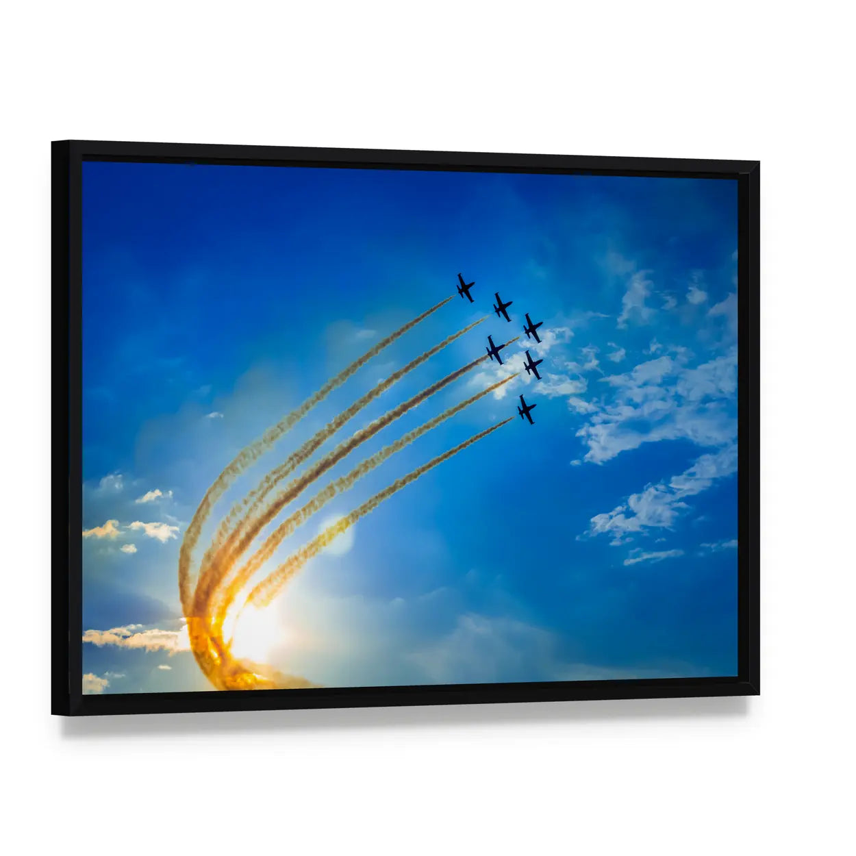 Seven Military Jets in Formation Canvas Wall Art, framed canvas in a black floater frame, angled product view