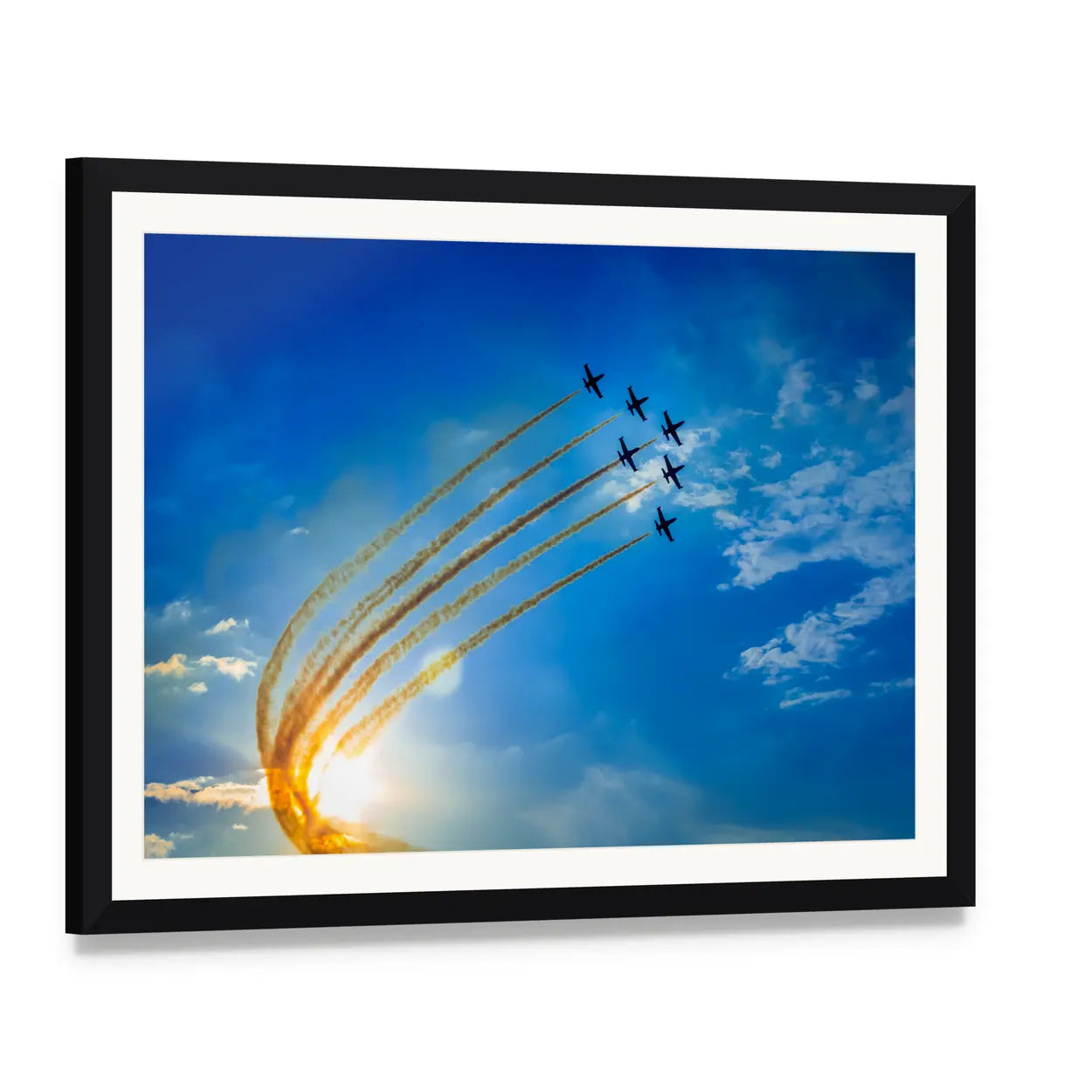 Seven Military Jets in Formation Canvas Wall Art, framed print with white mat and black frame, angled product view