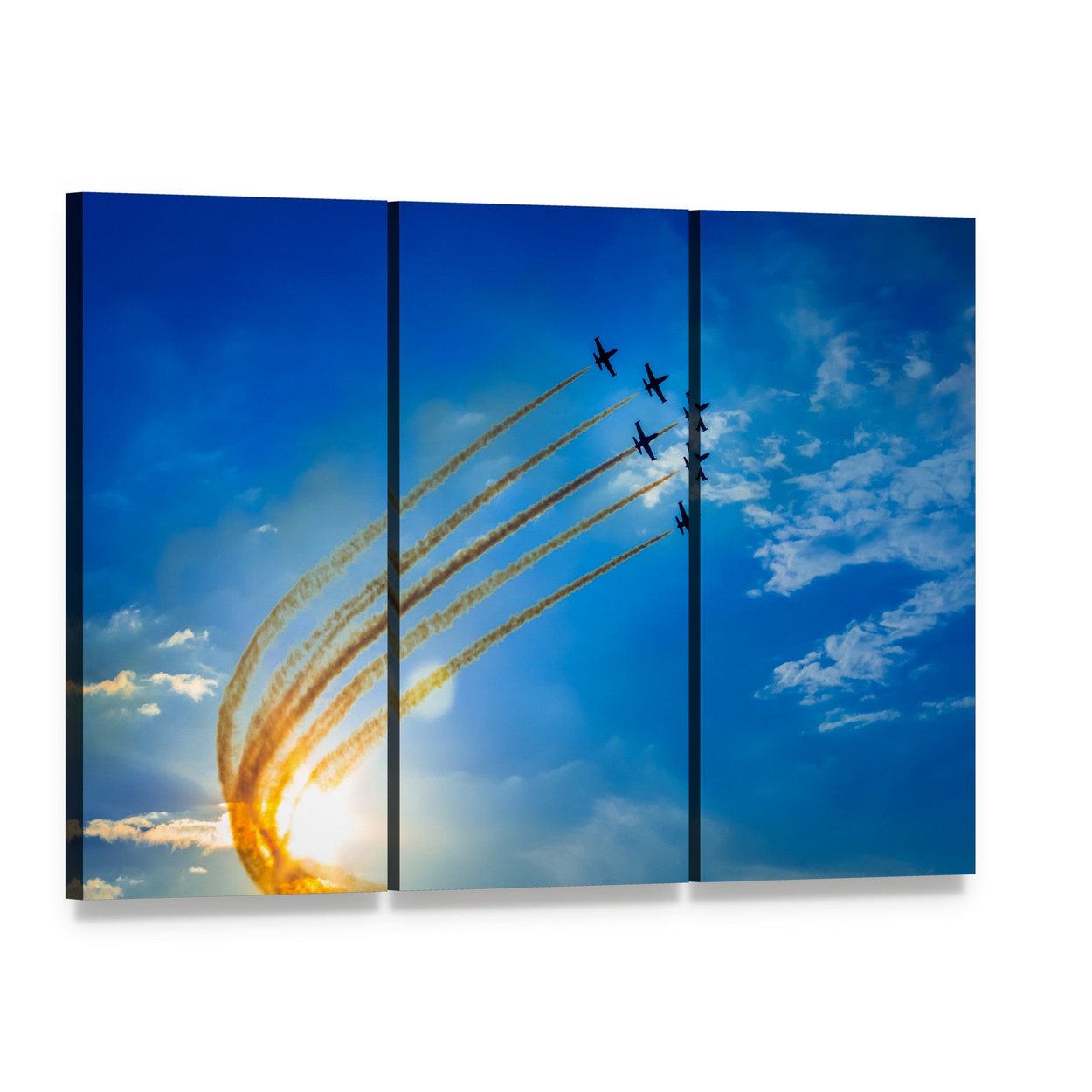 Airshow Jets in Formation Canvas Wall Art, 3 panel 3 Horizontal layout gallery wrapped canvas set, angled product view