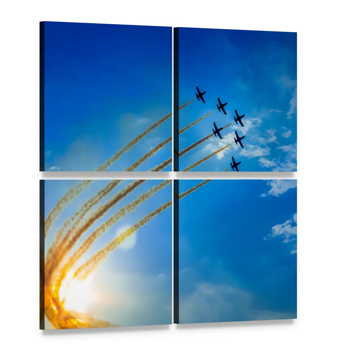 Seven Military Jets in Formation Canvas Wall Art, 4 panel 4 Square layout gallery wrapped canvas set, angled product view