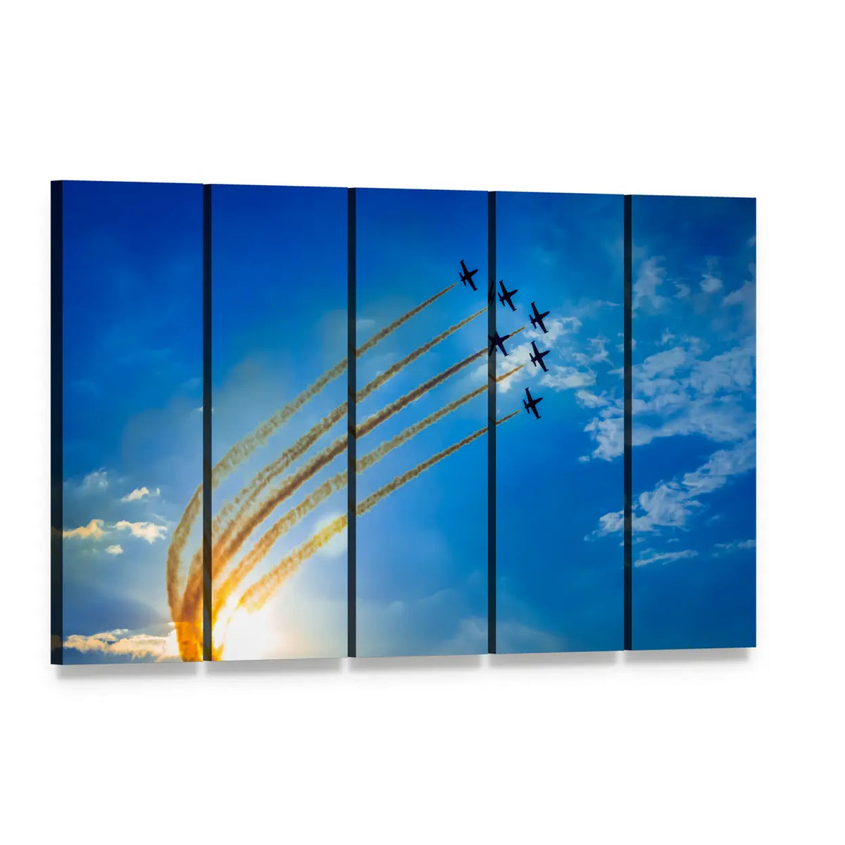 Seven Military Jets in Formation Canvas Wall Art, 5 panel 5 Horizontal layout gallery wrapped canvas set, angled product view