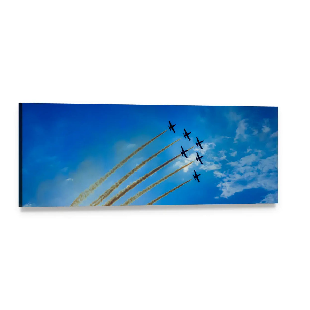 Airshow Fighter Jets in Delta Formation Panoramic Canvas Wall Art, single panel gallery wrapped canvas, angled product view