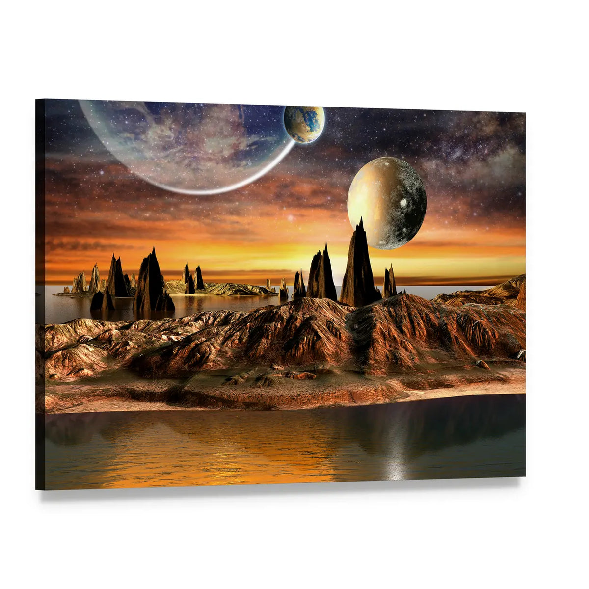 Alien Planet Lake at Dusk Canvas Wall Art, single panel gallery wrapped canvas, angled product view