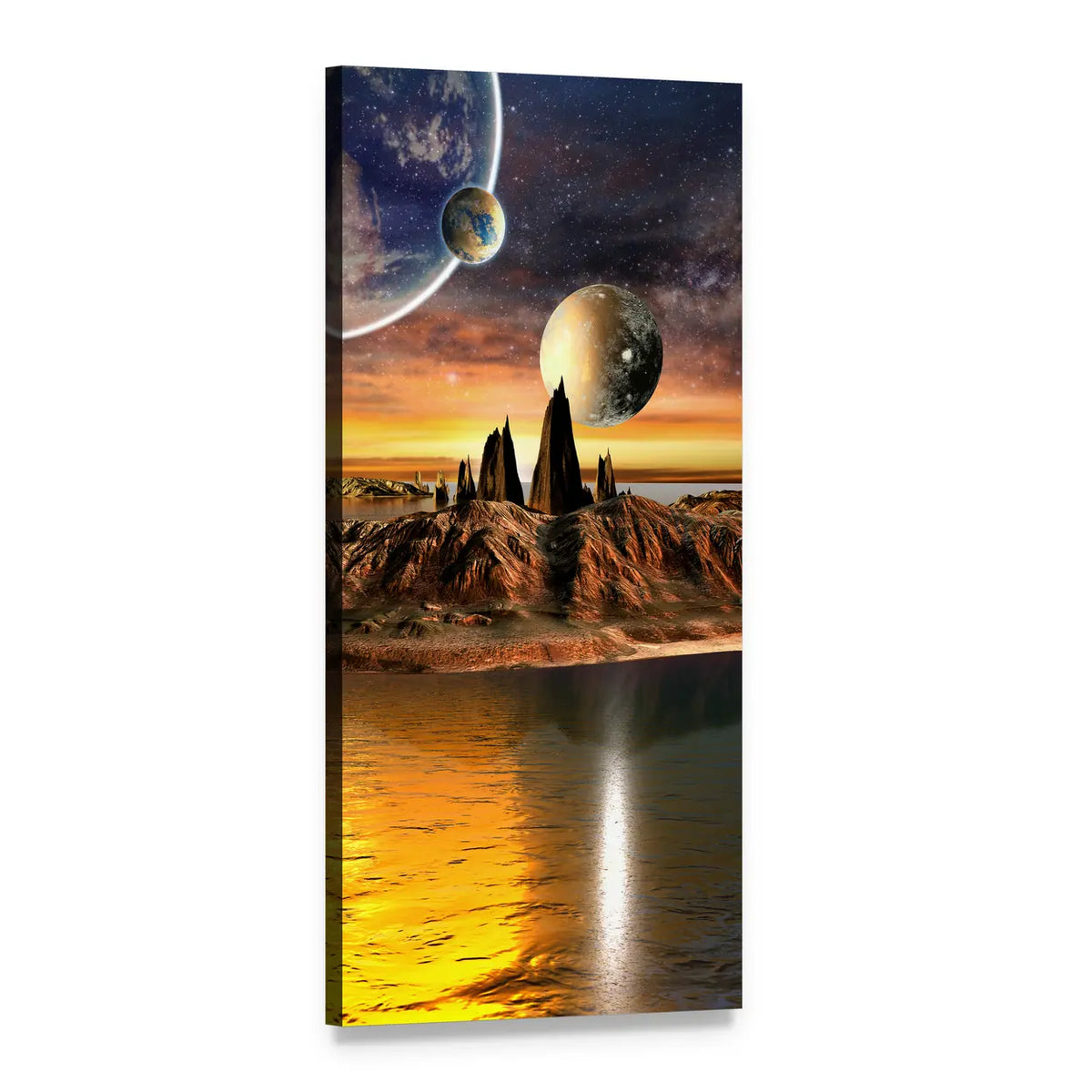 Three Moons Over Alien Lake Vertical Canvas Wall Art, 1 panel 1 Vertical layout gallery wrapped canvas set, angled product view