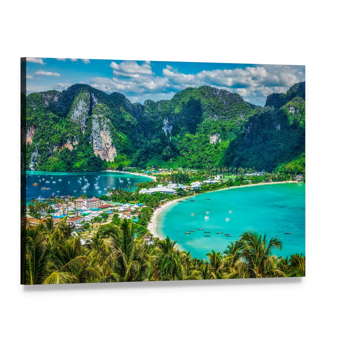Twin-bay Tropical Island Aerial View Canvas Wall Art, single panel gallery wrapped canvas, angled product view
