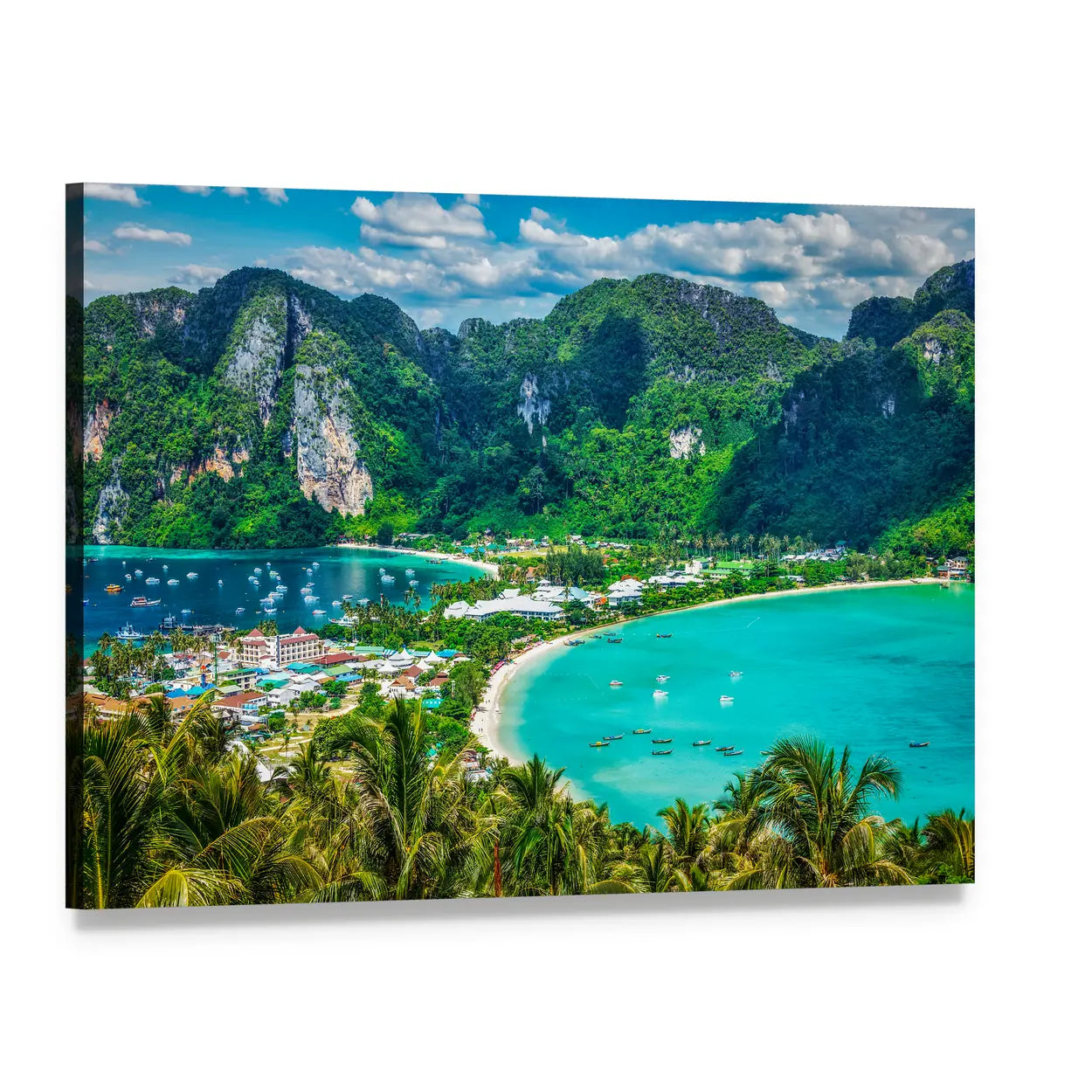 Twin-bay Tropical Island Aerial View Canvas Wall Art, single panel gallery wrapped canvas, angled product view