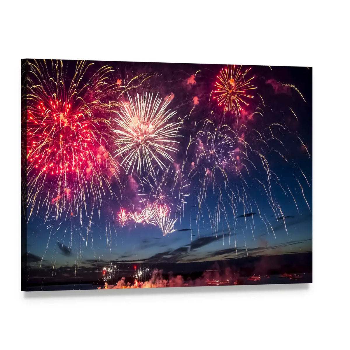 Colorful Fireworks Over City Skyline Canvas Wall Art, single panel gallery wrapped canvas, angled product view