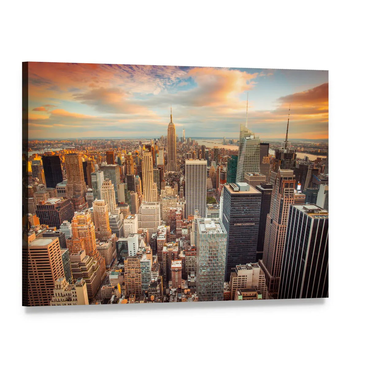 New York City At Sunset Canvas Wall Art, single panel gallery wrapped canvas, angled product view